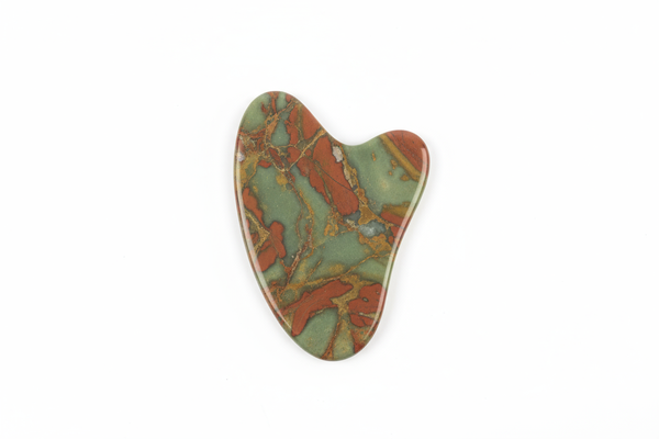 unakite jasper gua sha tool with green red and brown veins of color